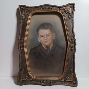 1900s Antique Gesso Photo Bubble Convex Glass Frame Portrait of Boy Ornate Top